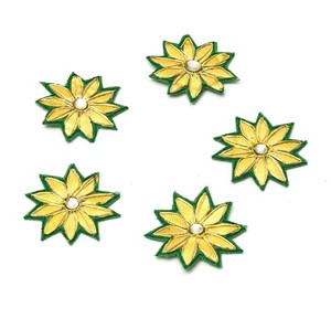 インドの刺繍アップリケ 花 5個セット　【緑】