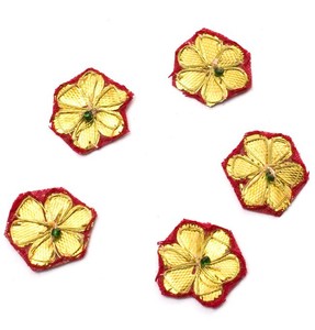 インドの刺繍アップリケ 花 5個セット　【赤×金】