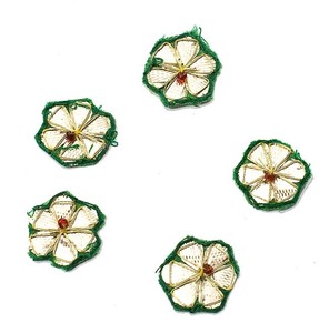 インドの刺繍アップリケ 花 5個セット　【緑×銀】