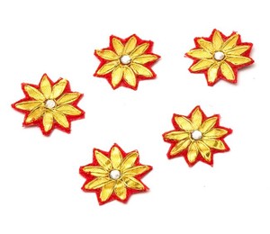インドの刺繍アップリケ 花 5個セット　【赤】