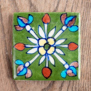 〔5cm×5cm〕ブルーポッタリー ジャイプール陶器の正方形デコレーションタイル 緑花