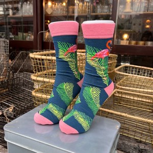 TOPANGA SOCKS Lady's　南国フラミンゴソックス　ダークグリーン×ピンク　ファッション　レディース　靴下