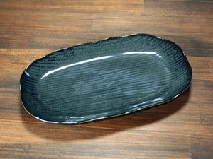 楕円千筋焼き物皿（デニム）【磁器 中皿 おかず皿 重厚感 中国製】