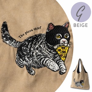 Jubilee 猫刺繍 トートバッグ コーデュロイ エコバッグ キャット ピザ泥棒 G. BEIGE