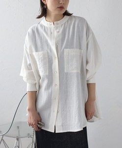 Button Shirt/Blouse Band Collar Linen-blend