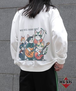 【HOOK】-original- ワンポイント刺繍ネコイラストバックプリントスウェット メンズ 猫 ユニセックス