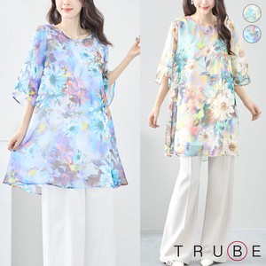T-shirt Tunic Flower Print Pastel L 【2024NEW】