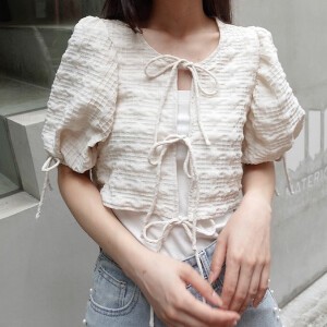 Button Shirt/Blouse Puffy Jacquard Cropped Check Tops Summer Spring