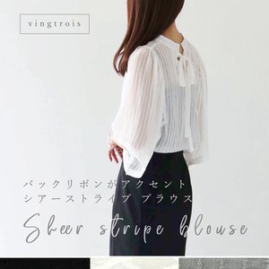 Button Shirt/Blouse Accented Sheer Stripe Back Ribbon Ladies'