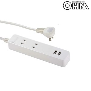 OHM USB付テーブルタップ 2個口 1m　白・HS-TU21N78W
