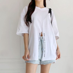 T-shirt Slit Plain Color T-Shirt Front Tops Short-Sleeve