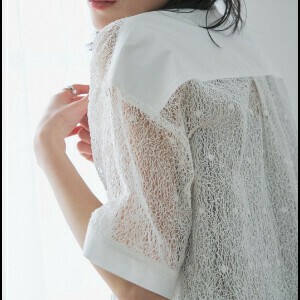 Button Shirt/Blouse Band-Collar Shirt Corded Lace