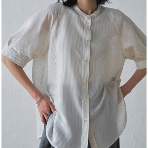 Button Shirt/Blouse Band-Collar Shirt Sheer Stripe