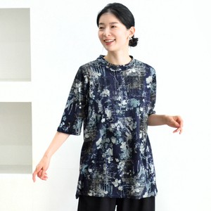 束腰外衣 2024年 高领 花卉图案 长衫 5分袖 日本制造