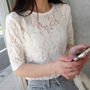 T-shirt Lace Sheer Floral Pattern Tops Summer Casual Spring 5/10 length Autumn/Winter