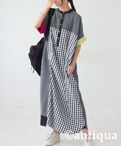 Antiqua Casual Dress Stripe Long Plaid One-piece Dress Ladies' Short-Sleeve NEW