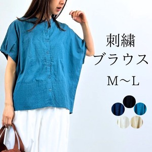 Button Shirt/Blouse Tops Band Collar Ladies' Switching Short-Sleeve