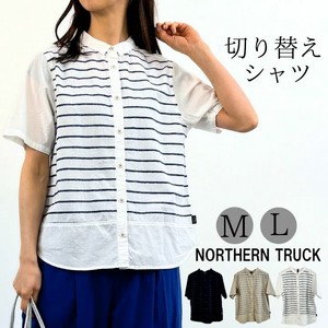Button Shirt/Blouse Border Ladies' Switching Short-Sleeve