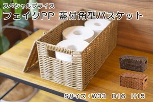 フェイクPP 蓋付角型バスケット S 洗える フタ 収納 かご 柳風 天然素材風　抜き手