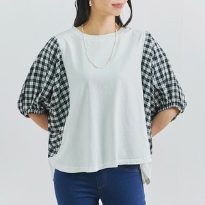 T-shirt Check Pattern Dolman Sleeve Pigment Switched Sleeves Spring Vintage [2024 NEW]
