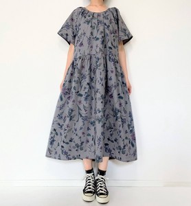 【handmade】Linen short sleeve dress　Floral　cotton linen　With pocket　dark gray
