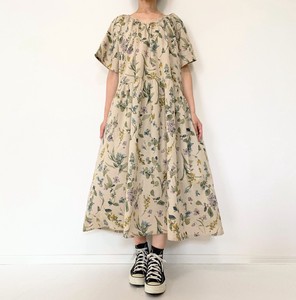 【handmade】Linen short sleeve dress　Floral　cotton linen　With pocket　beige