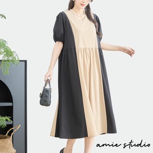 Casual Dress Gathered Bicolor V-Neck L One-piece Dress 【2024NEW】