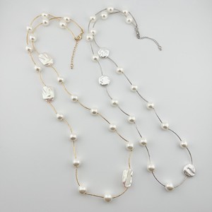 Silver Chain Pearl Design Necklace Long