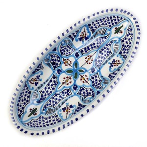 スラマ陶器 手描き浅皿楕円 D30 地中海風ターコイズ