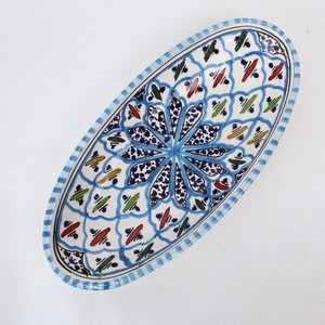 スラマ陶器 手描き浅皿楕円 D30 ターコイズ
