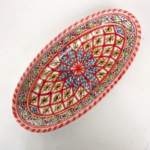 スラマ陶器 手描き浅皿楕円 D30 赤