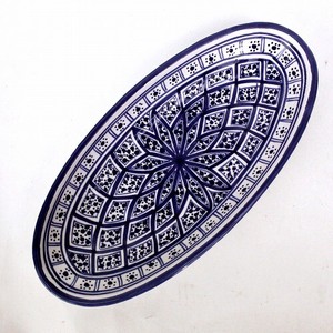 スラマ陶器 手描き浅皿楕円 D30 パピヨンブルー