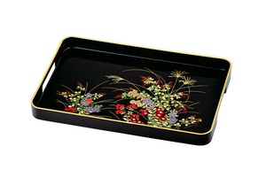 37-4412　 12.0持手付長手盆 黒 秋草　 12.0 long tray with handles, black, Akikusa