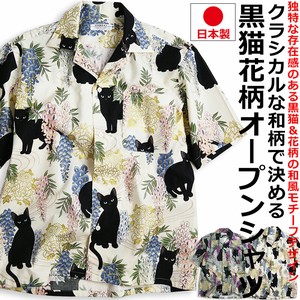 【日本製】VINTAGE EL 黒猫 花柄 オープンカラーシャツ 半袖 メンズ　アロハシャツ　開襟シャツ　和柄
