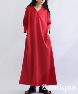 Antiqua Casual Dress Plain Color Long V-Neck One-piece Dress Ladies' Short-Sleeve NEW