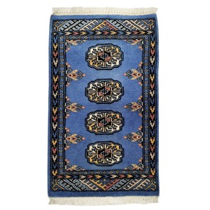 手織り絨毯　玄関マット　ウール100％　約50x80cm　ブルー　ラグ　パキスタン製　民族柄【36287】