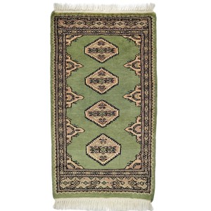 手織り絨毯　玄関マット　ウール100％　約50x80cm　グリーン　ラグ　パキスタン製　民族柄【36247】