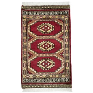 手織り絨毯　玄関マット　ウール100％　約50x80cm　レッド　ラグ　パキスタン製　民族柄【44824】