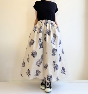 【handmade】Rabbit long skirt cats cotton linen pockets natural gray