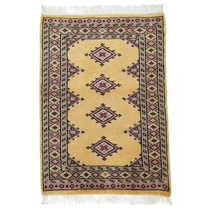 手織り絨毯　玄関マット　ウール100％　約60x90cm　ゴールド　パキスタン製　ラグ　民族柄【25211】