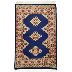 手織り絨毯　玄関マット　ウール100％　約60x90cm　ブルー　パキスタン製　マット　ラグ【39320】