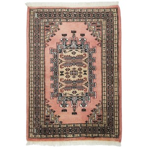 手織り絨毯　玄関マット　ウール100％　約60x90cm　ピンク　パキスタン製　マット　ラグ【299660】