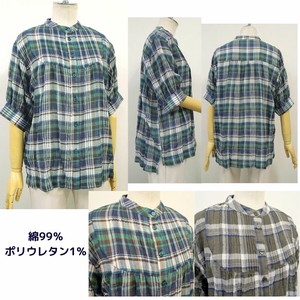 Button Shirt/Blouse Band-Collar Shirt Pintucked Plaid 2024 Spring/Summer