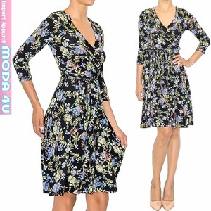 Casual Dress Small Floral Pattern black V-Neck One-piece Dress 7/10 length
