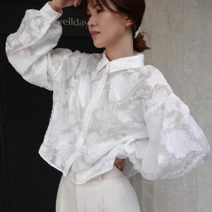 Button Shirt/Blouse Tops Summer Puff Sleeve Spring Sheer Jacquard