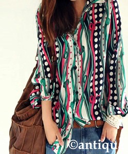 Antiqua Button Shirt/Blouse Long Sleeves Retro Pattern Tops Ladies' NEW
