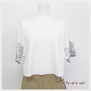 T-shirt Pullover Scallop Embroidery High-Neck Short Length