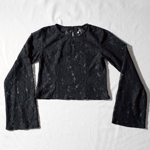 Button Shirt/Blouse Lace Sleeve black Tops