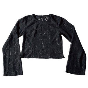 Button Shirt/Blouse Lace Sleeve black Tops