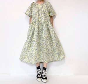 【handmade】lemon pattern short sleeve dress　cotton　moss green